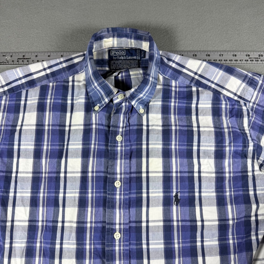 VTG Polo Ralph Lauren Hand Woven Medium Plaid Blue White Made in Canada - Picture 7 of 11